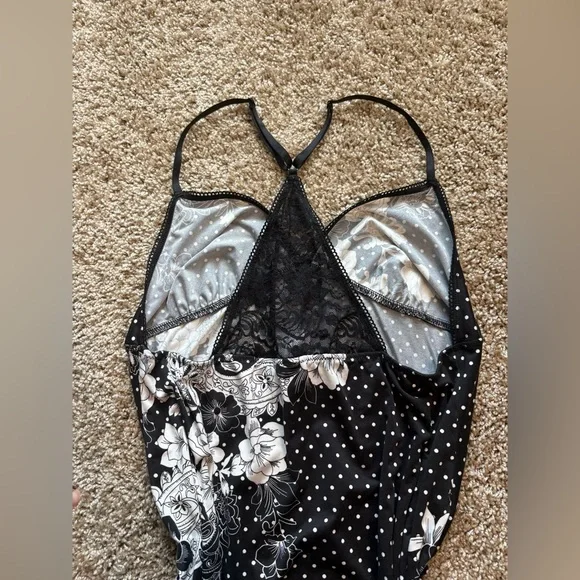 Secret Treasures Black and White Polka Dotted Floral Slip Dress - Picture 4 of 6